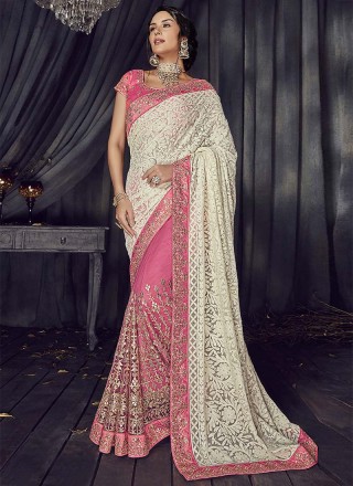 Off White and Pink Embroidered Faux Georgette Half N Half  Saree