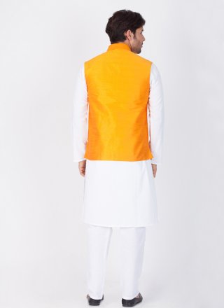 Orange and White Plain Cotton Silk Kurta Pyjama