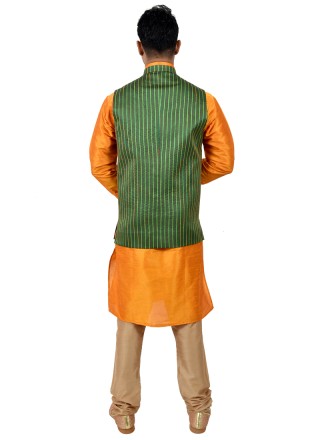 Orange Art Silk Kurta Payjama With Jacket with Plain