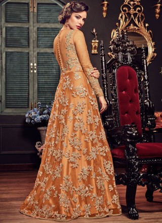 Orange Reception Fancy Fabric Floor Length Anarkali Suit