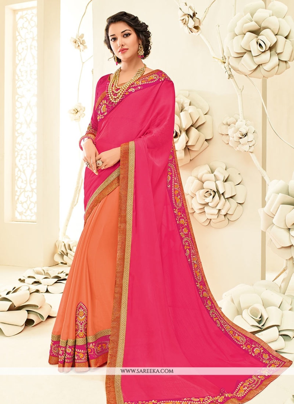 Patch Border Faux Chiffon Designer Half N Half Saree in Hot Pink and Orange