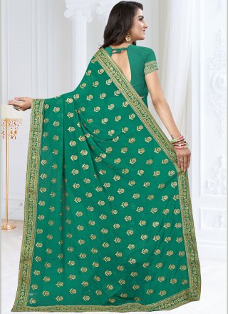 Patch Border Faux Georgette Saree in Green