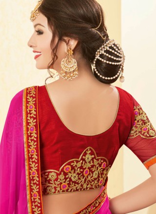 Patch Border Work Hot Pink and Red Classic Designer Saree
