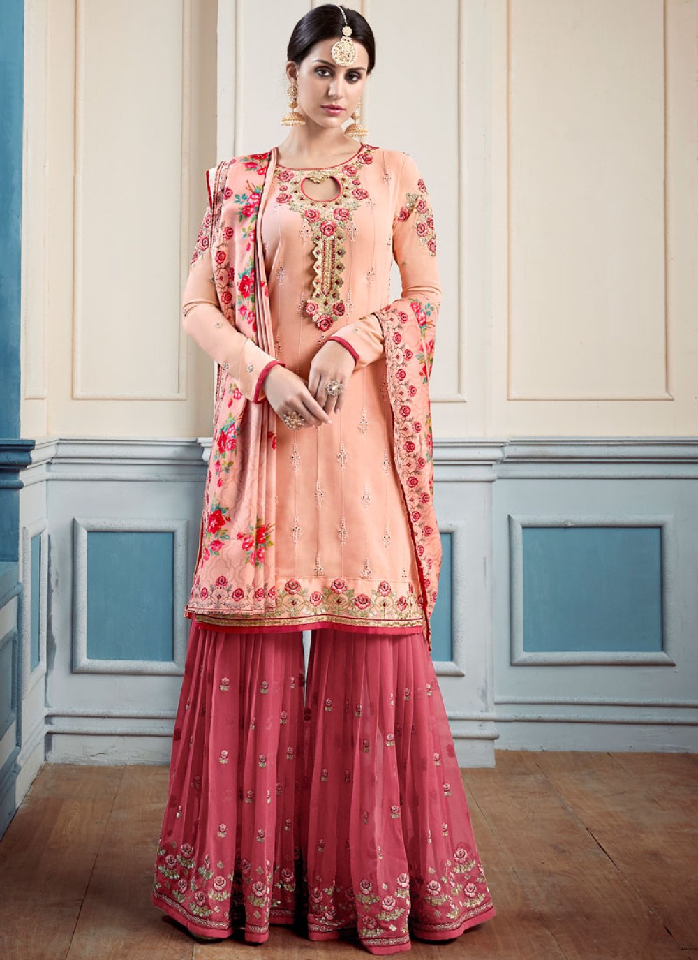 Shop Online Peach Handwork Wedding Designer Palazzo Salwar Suit