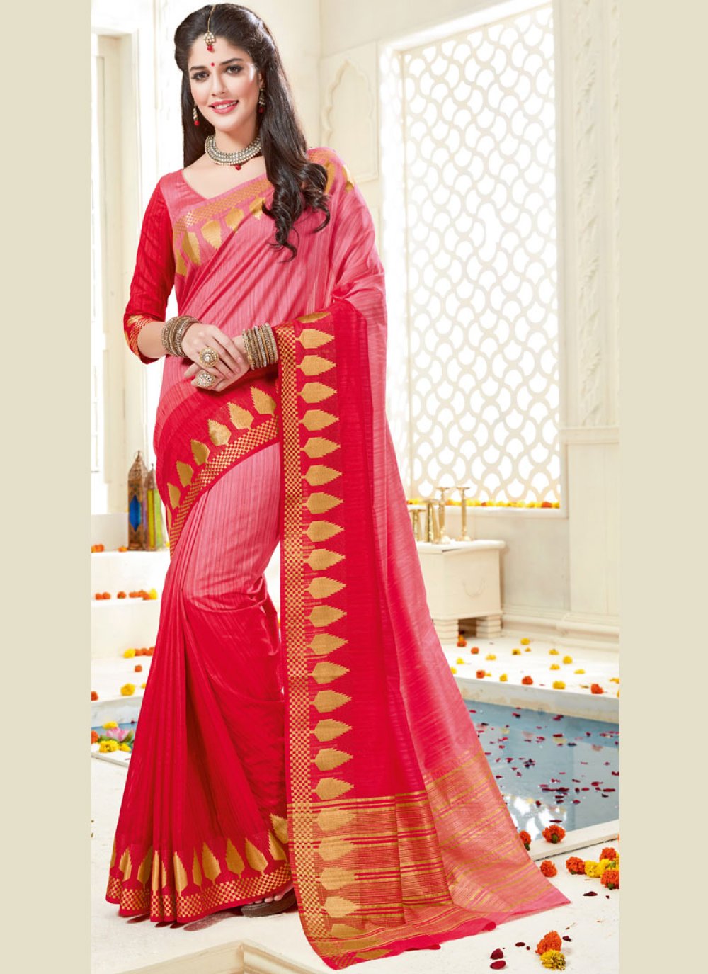 Pink and Red woven Work Shaded Saree Pink and Red woven Work Shaded Saree