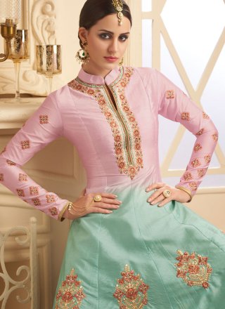 Pink and Sea Green Floor Length Anarkali Suit