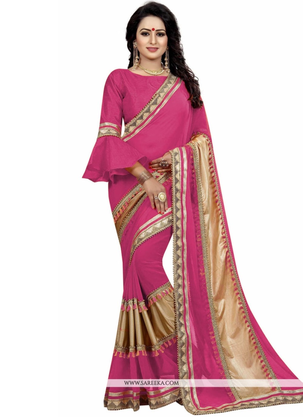 Pink Patch Border Work Traditional  Saree