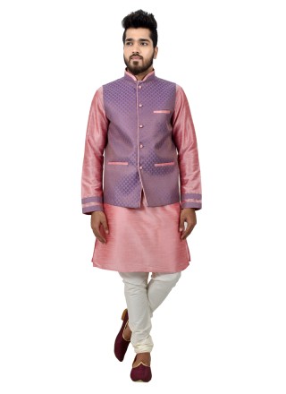 Plain Art Silk Kurta Payjama With Jacket in Pink