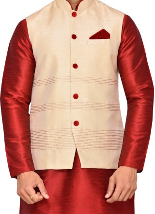 Plain Silk Kurta Payjama With Jacket in Maroon