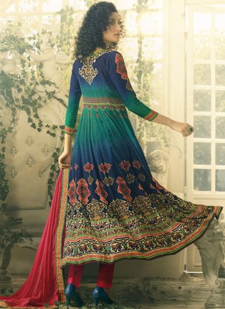 Print Cotton Satin Anarkali Salwar Suit in Multi Colour