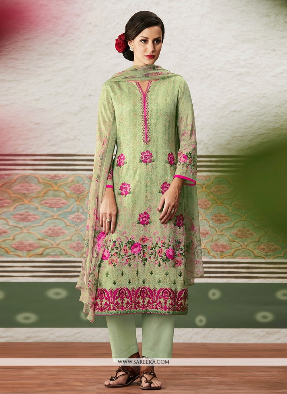 Print Cotton Satin Pant Style Suit in Green