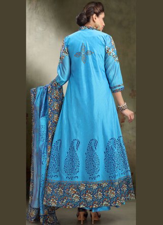 Print Work Blue Readymade Anarkali Suit 
