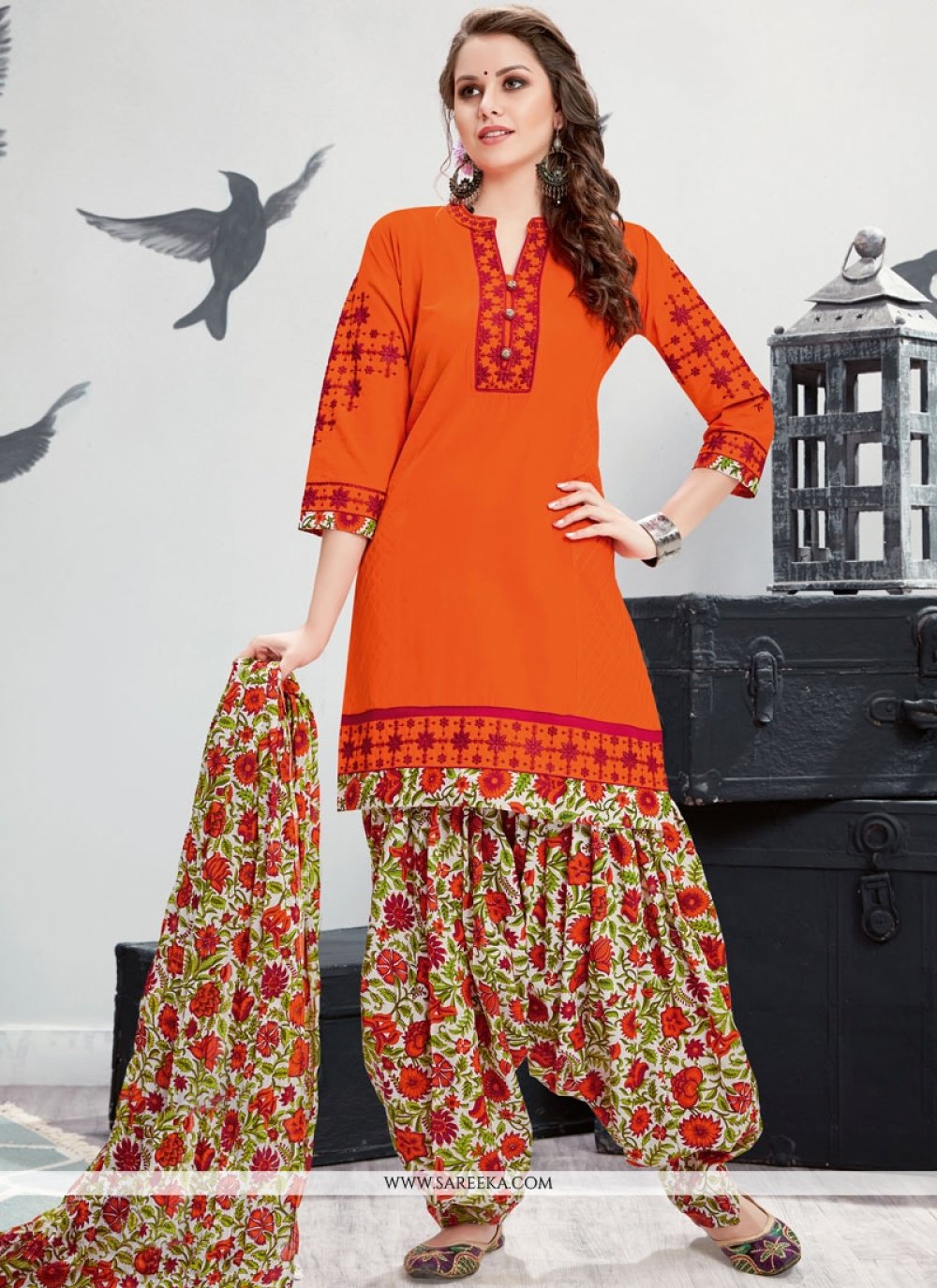 Shop Print Work Orange Cotton Punjabi Suit Online 70880 - Main Image