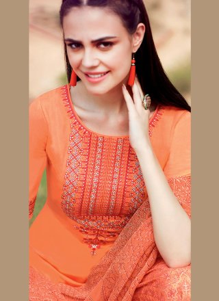 Print Work Orange Cotton Satin Designer Palazzo Suit
