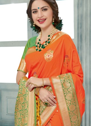 Printed Uppada Silk Classic Saree in Orange