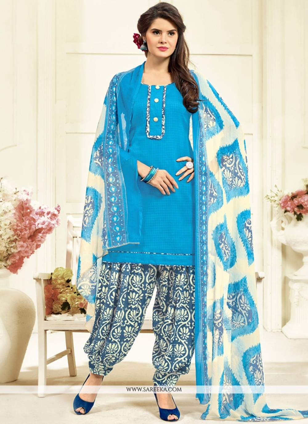 Patiala Pant With Dupatta Skyblue Color Cotton Patiala Salwar With Dupatta  – Lady India