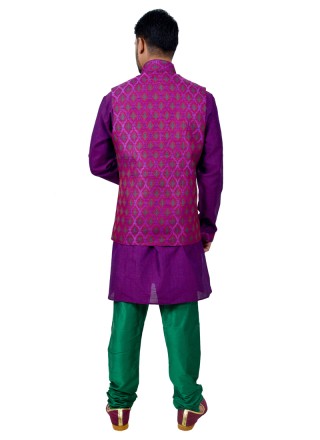 Purple Cotton Silk Kurta Payjama With Jacket with Plain