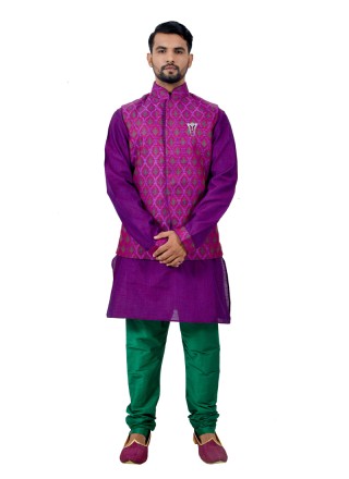 Purple Cotton Silk Kurta Payjama With Jacket with Plain