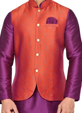 Purple Plain Work Brocade Kurta Payjama With Jacket