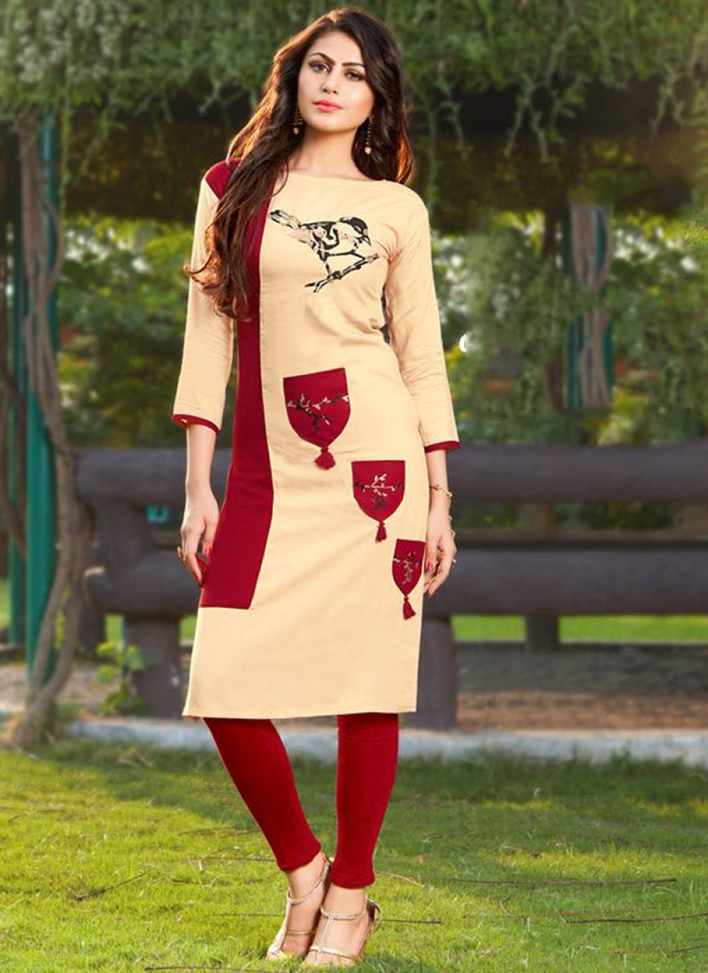 Kiara Red Plain Patch work frock style kurti  The Yellow Bells