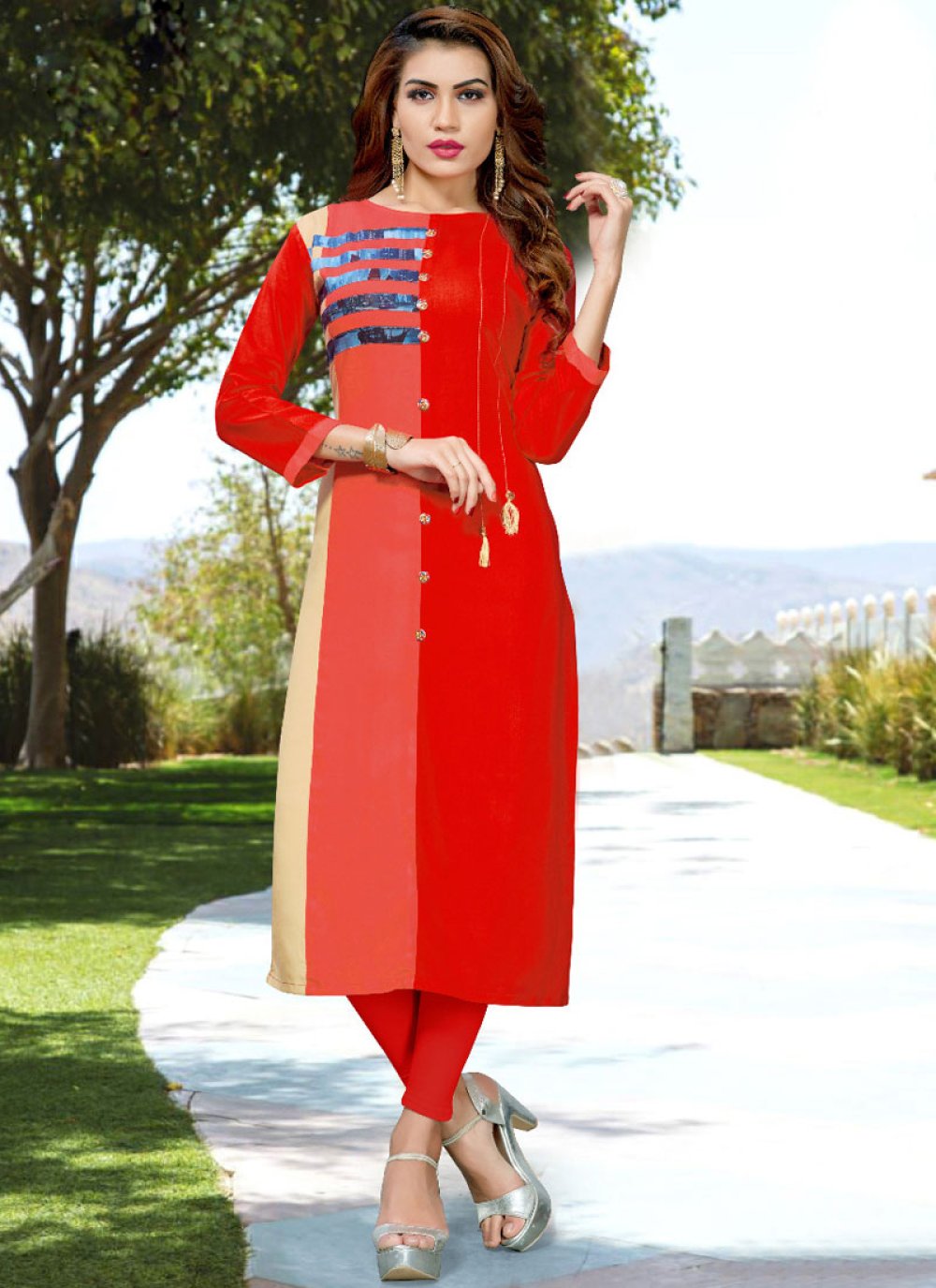Buy Online Rayon Printed Red Party Wear Kurti : 89143
