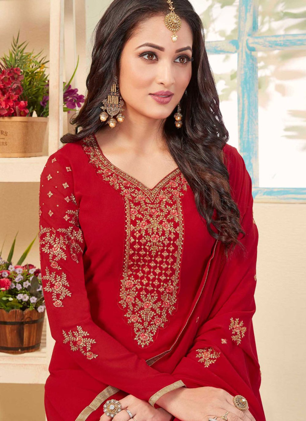 Shop Red Designer Pakistani Suit Online : 85914