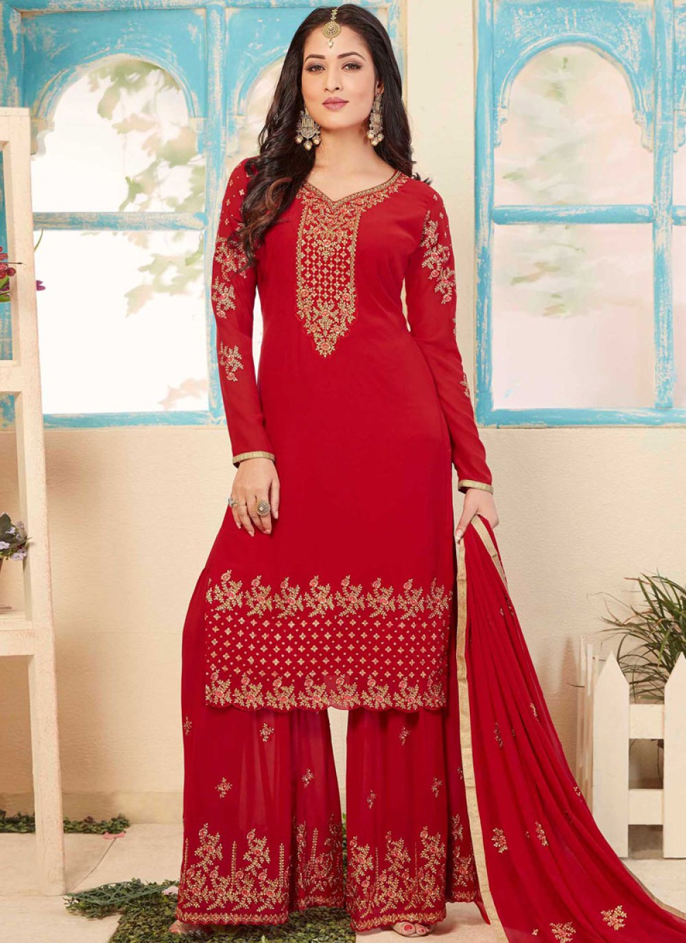 Shop Red Designer Pakistani Suit Online : 85914
