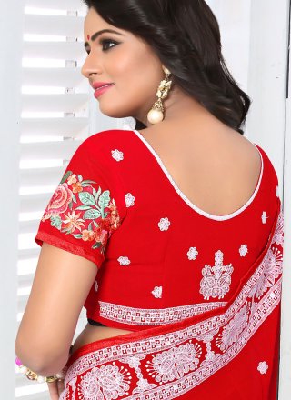 Red Embroidered Classic Designer Saree