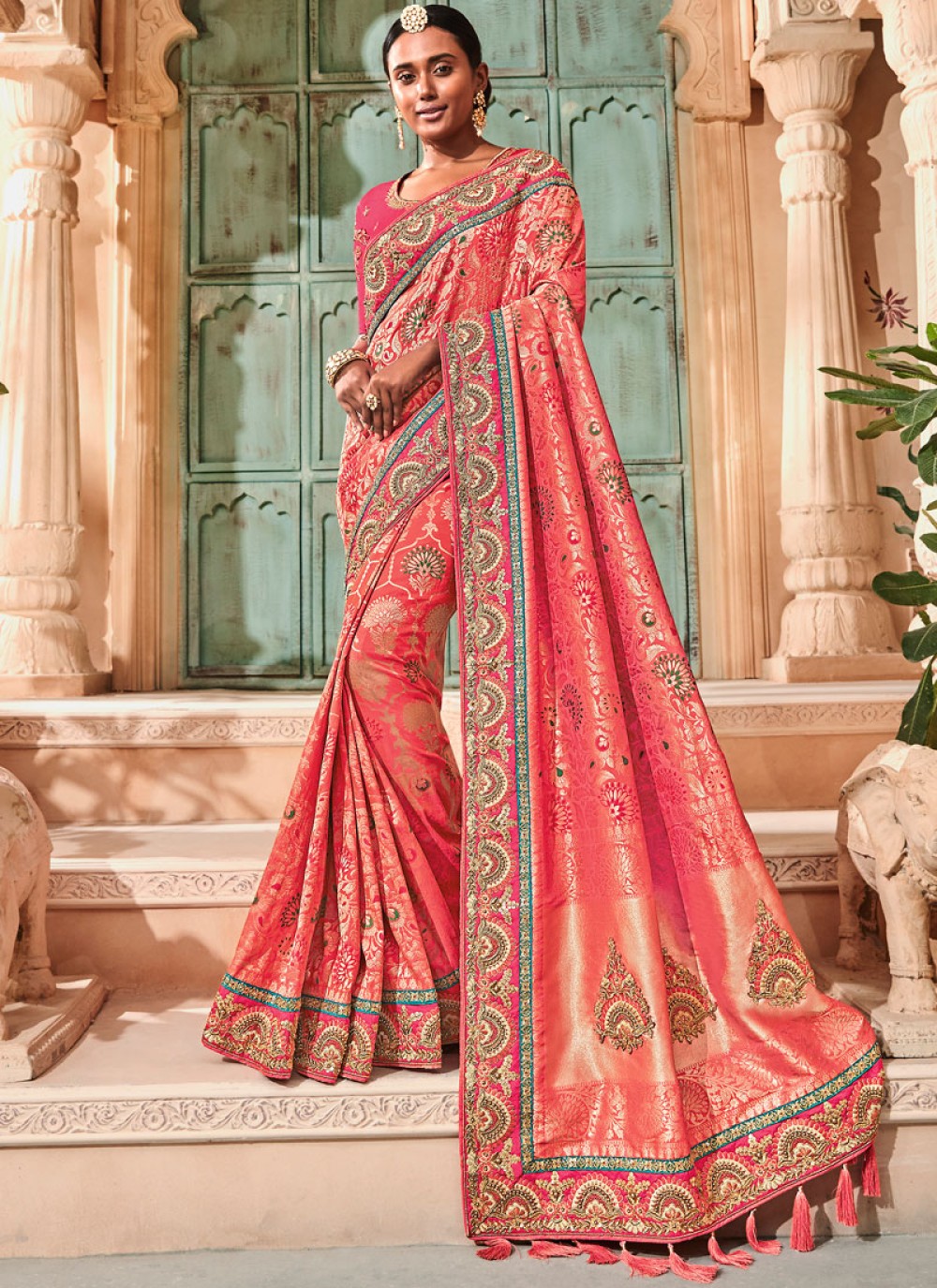 Shop Online Red Embroidered Sangeet Classic Saree : 91864