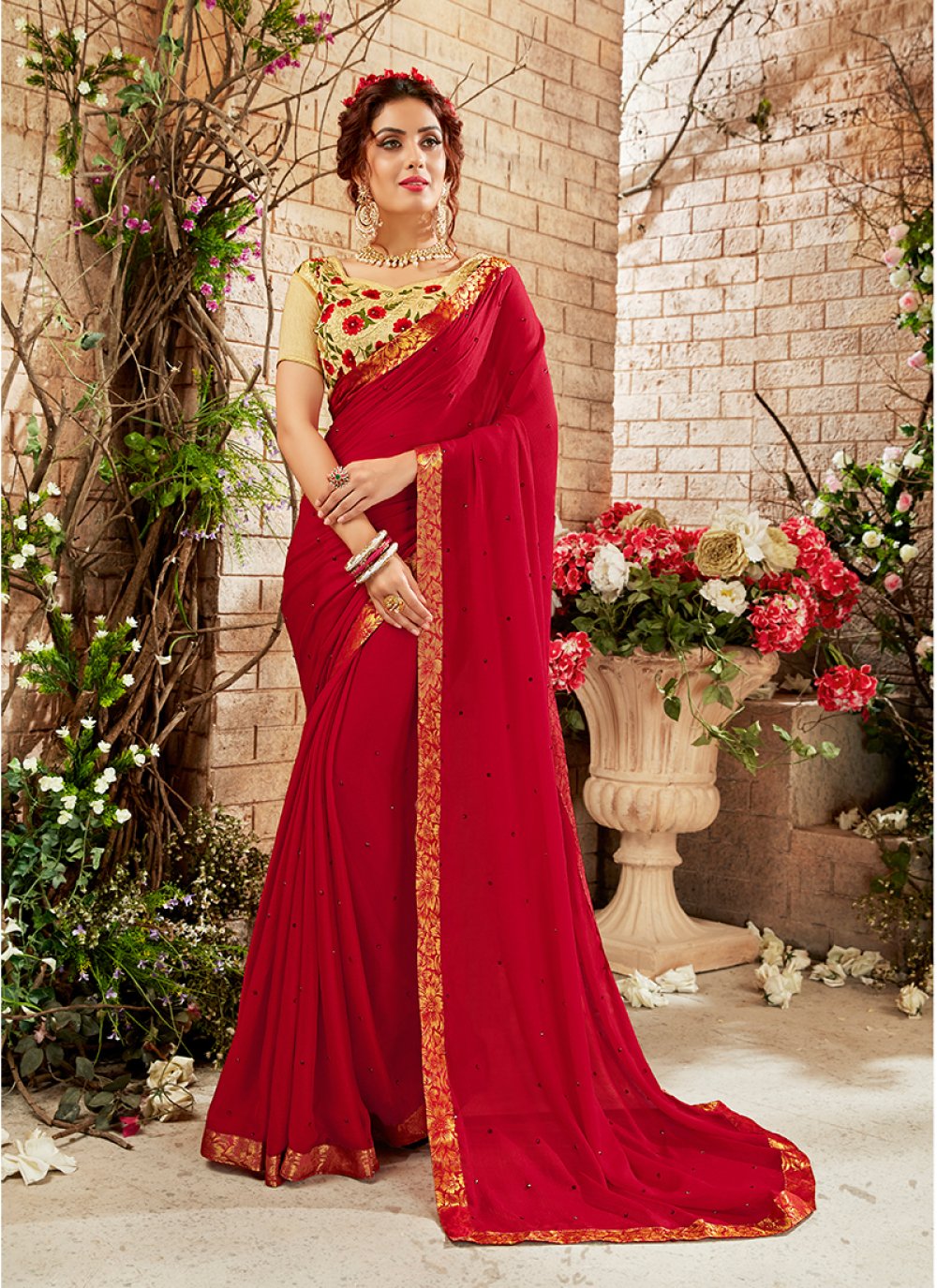 Red Chiffon Printed Saree With Blouse - Vishal Prints - 4000467