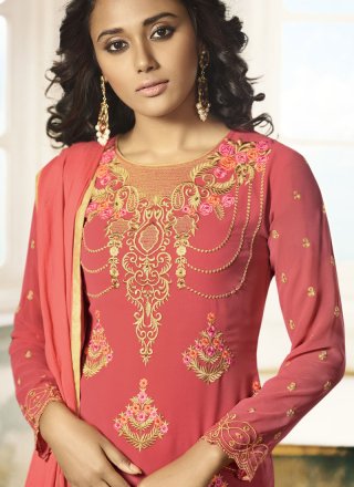 Resham Faux Georgette Pant Style Suit in Rose Pink
