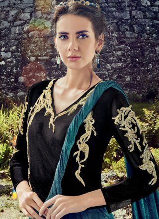 Resham Lycra Designer Gown in Black and Teal