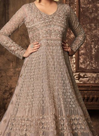 Resham Work Beige Net Floor Length Anarkali Suit