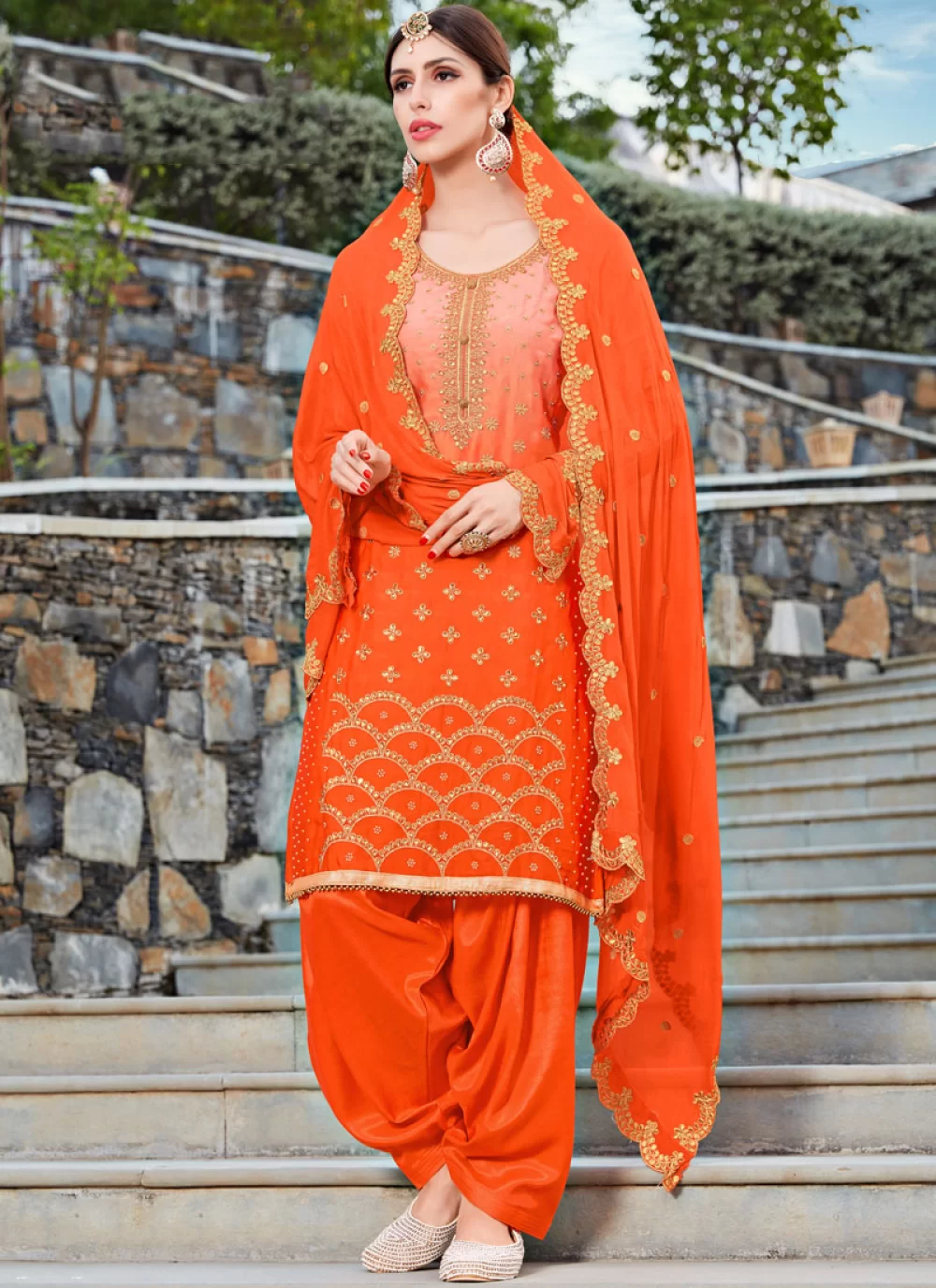 Buy Resham Work Fancy Fabric Orange Designer Patiala Suit Online