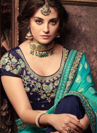 Resham Work Navy Blue and Sea Green Half N Half  Saree