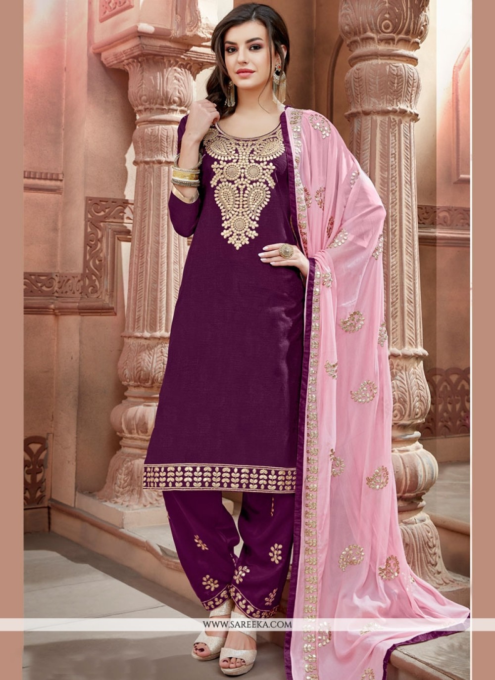Shop Resham Work Purple Chanderi Punjabi Suit Online 75061