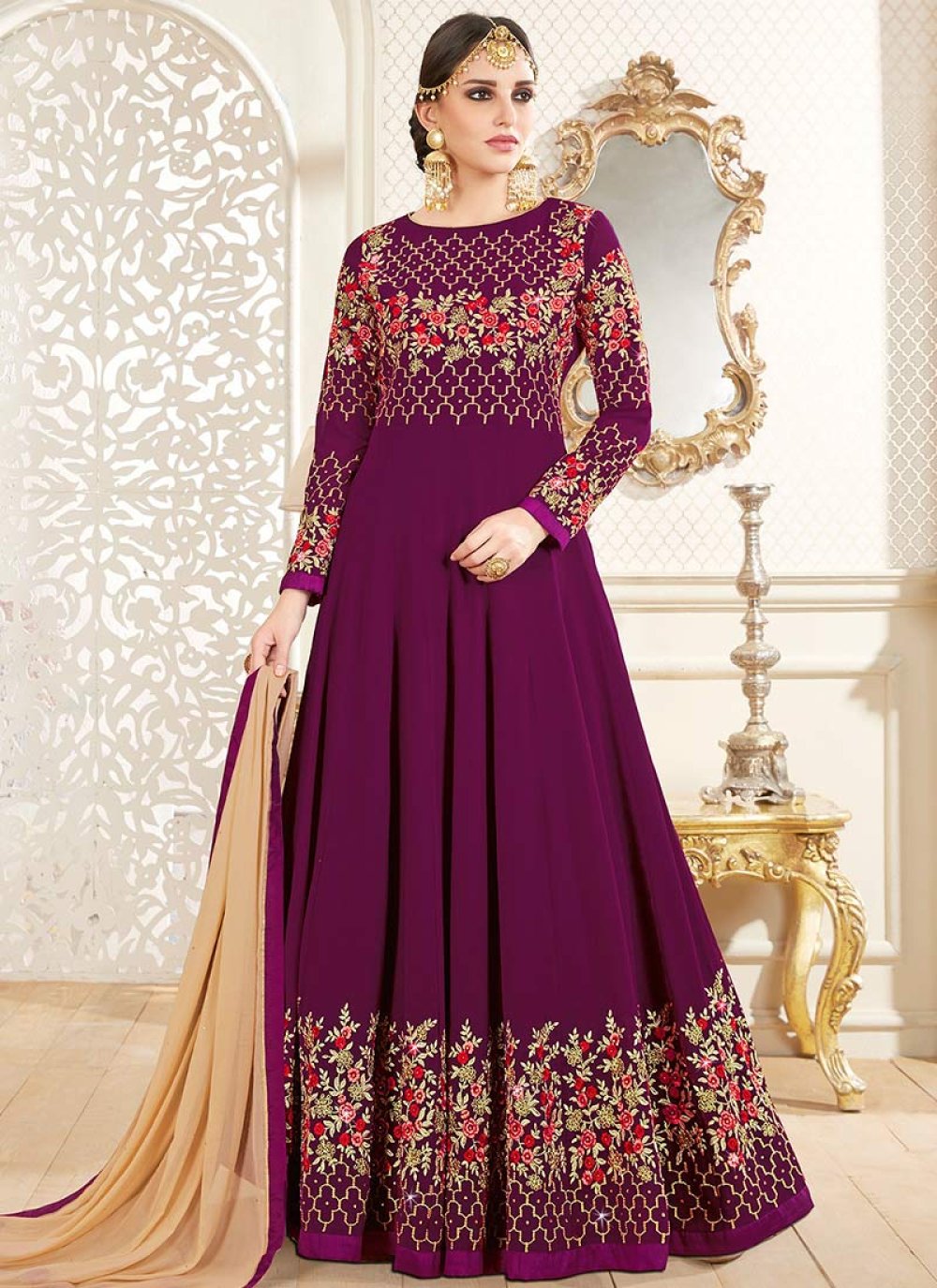 Resham Work Purple Faux Georgette Floor Length Anarkali Suit buy online