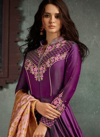 Resham Work Purple Floor Length Anarkali Suit 