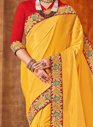 Resham Work Yellow Traditional Designer Saree