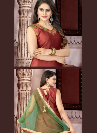 Satin Maroon Embroidered Work Readymade Suit