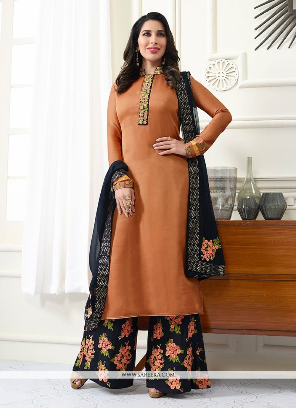 Satin Orange Designer Palazzo Salwar Kameez buy online