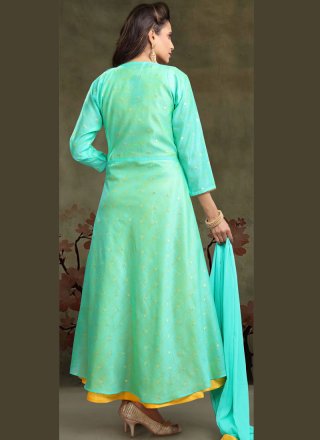 Sea Green Chanderi Cotton Readymade Anarkali Suit