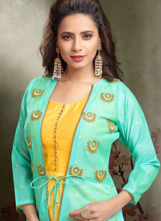 Sea Green Chanderi Cotton Readymade Anarkali Suit