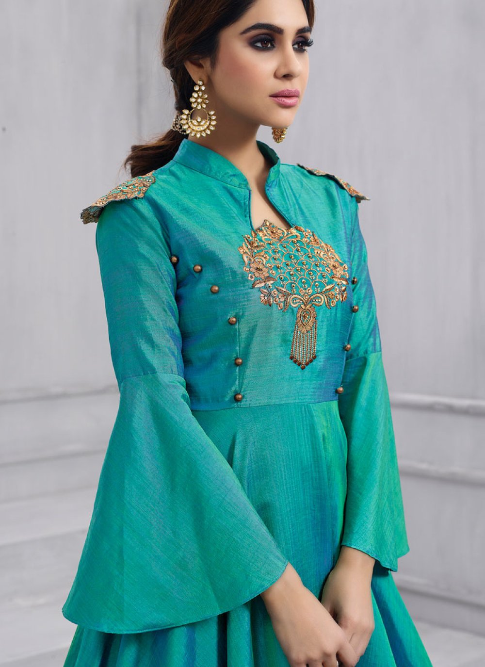 Sea Green Embroidered Work Tafeta Silk Anarkali Salwar Kameez Buy Online