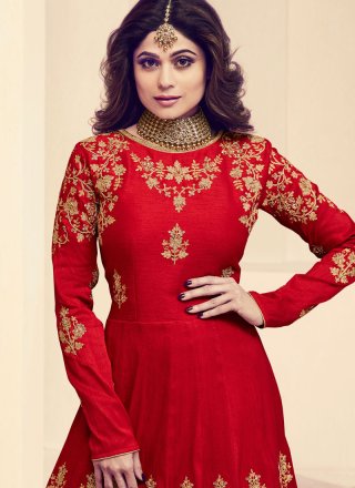 Shamita Shetty Art Silk Resham Work Red Floor Length Anarkali Suit