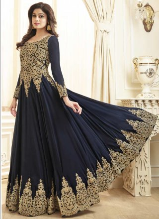 Shamita Shetty Faux Georgette Blue Floor Length Anarkali Suit 