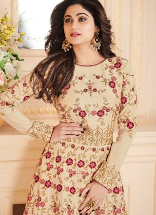  Shamita Shetty Resham Beige Floor Length Anarkali Suit