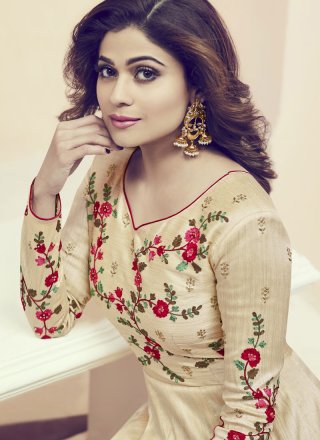 Shamita Shetty Resham Work Beige Floor Length Anarkali Suit