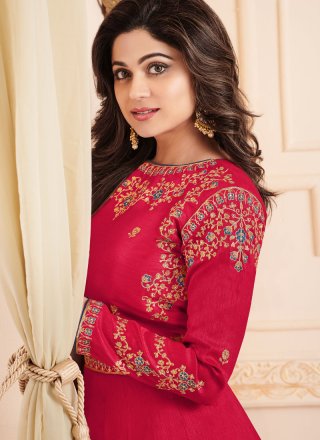 Shamita Shetty Zari Hot Pink Malbari Silk  Floor Length Anarkali Suit