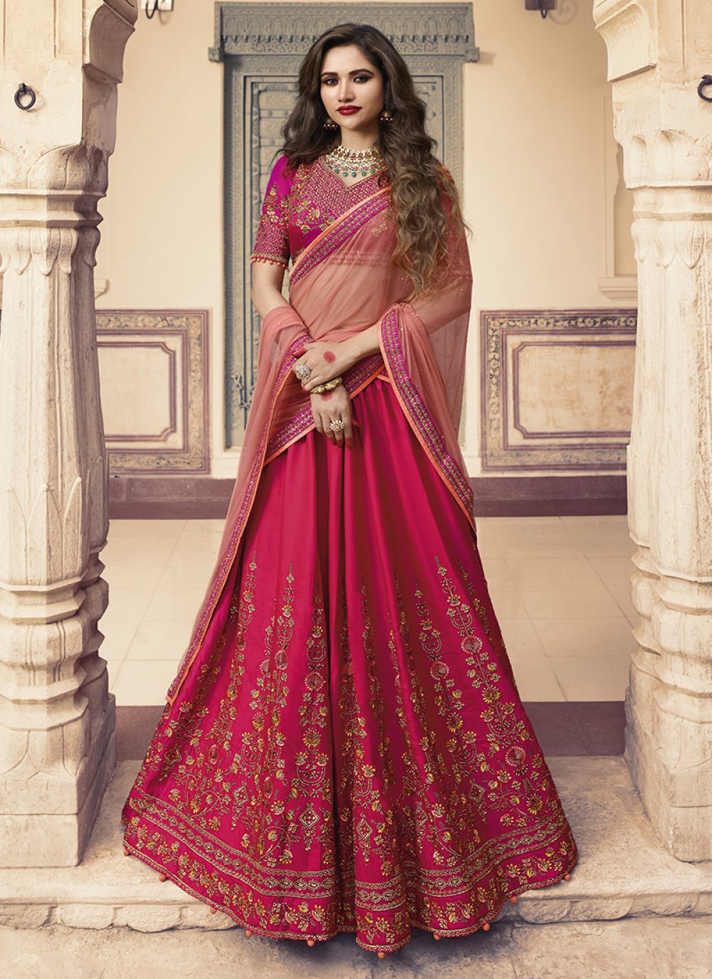 Shop Online Silk Embroidered Hot Pink Lehenga Choli : 96542